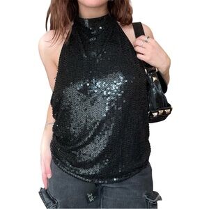 Vintage Y2K Debbie Shuchat Black Halter Low Back Sequin Evening Top Classic Glam